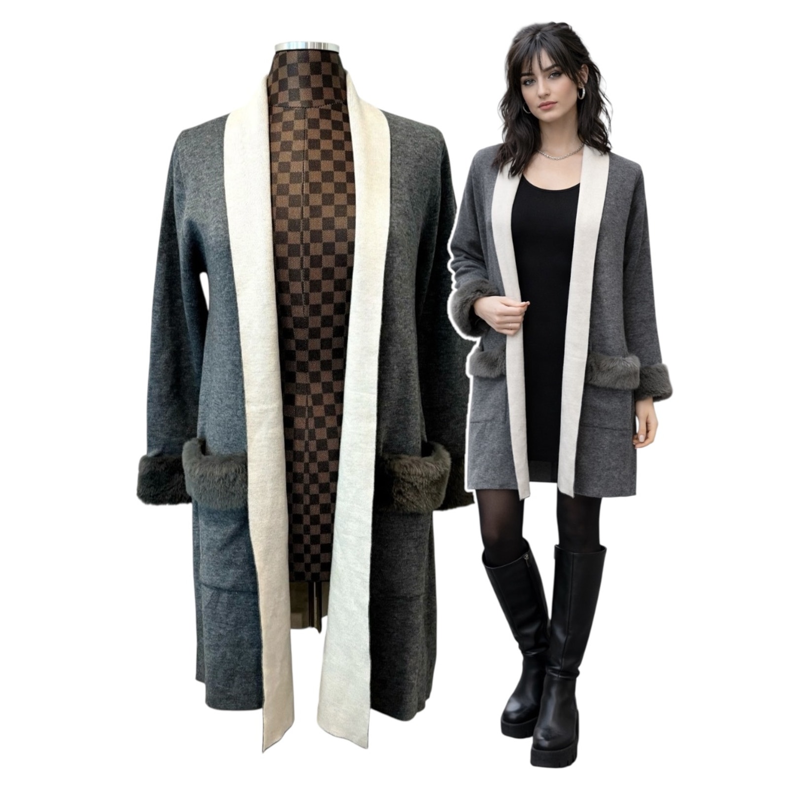 Vertigo Duster Open Front Cardigan Faux Fur Trim Long Gray Sz M Sweater Coatigan
